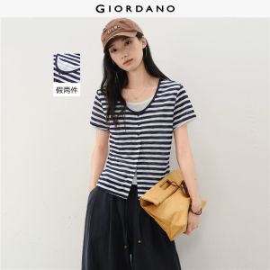 Giordano Women Fake two-piece striped u-neck short sleeve tee Free Shipping 18326626