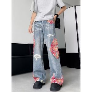 American High Street Hip-Hop Micro-Lap Jeans Men Women Summer Street Design Sense Lace Stitching Flo