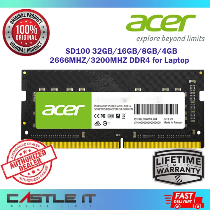 Acer SD100 DDR4 Notebook Laptop RAM 4GB 8GB 16GB 2666MHz 3200MHz SODIMM