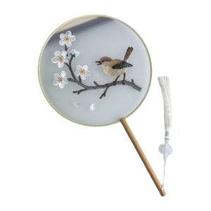 STATIONERY Chinese Style Double Sided Embroidery Fan Semi-Transparent Long Handle Embroidery Round Fan Vintage with Tassel Vintage Hand Fan Home Decoration