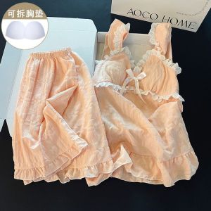 Summer Camisole Sleepwear Female New Sweet Princess Style Thin Loose Shorts with Chest Padded Cute Home Suit Womens Set