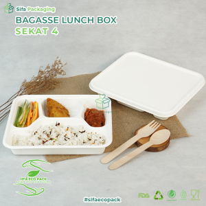 Bagasse Lunch Box Sekat 4 + Tutup Kotak Makanan Warna Putih Bungkus Nasi Kotak Takeway Ayam Geprek Nasi Goreng Kemasan Makanan Korea Jepang Ramah Lingkungan isi 25 pcs