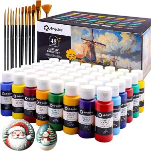 Acrylic Paint Set 48 Colors 59ml 12 Brushes Art Craft Paints Kit Canvas Rocks Wood Fabric Ceramic Non-Toxic Artists DIY
