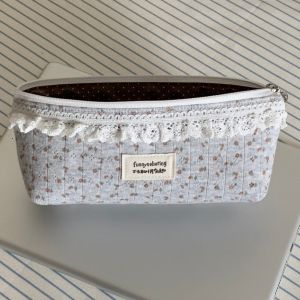PURETEN Lace Trim Pencil Case Large Capacity Grey Pen Bag Multi Function Floral Pattern Pencil Pouch Gift