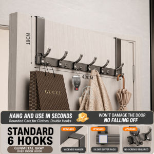 🇸🇬 Ready Stock Over Door Hook Rack No Drill Aluminum Heavy Duty Hanger Organizer Bathroom Kitchen Clothes Bag Holder