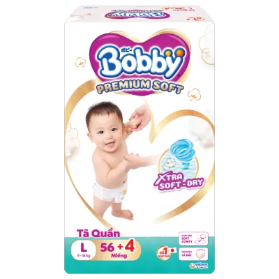 Bobby Premium Soft Diapers L Size 56+4 Pieces - Ultra Soft & Dry Breathable Material for Babies