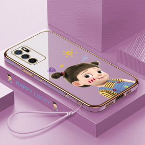Casing Case For OPPO A16 OPPO A74 5G Oppo A7 Oppo A9 2020 A5 2020 Oppo A5S Oppo A12 A3s Oppoa16 Oppoa74 Case For Girls Free Lanyard + Cute Cartoon Happy Girl Square Edge Plated Phone Shell Plating Soft Case