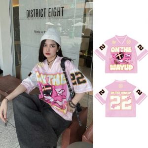 JERSEY Mascot กีฬาเสื้อยืด V คอเสื้อยืดแขนสั้นขนาด 22 ขนาดใหญ่หลวมรูปแบบเสื้อผู้หญิงแนวโน้มร้อน 2025