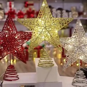 25CM Christmas Tree Top Star LED Light Up Glitter Star Topper Gold Silver Xmas Tree Ornament Home Decor