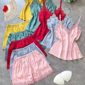 LANGJ ไอซ์ซิลค์ ชุดนอนลูกไม้ คอวี แขนกุด ชุดนอนสองชิ้น ระบายอากาศได้ ชุดอยู่บ้านผู้หญิง ชุดนอนขาสั้นแบบสลิง ผู้หญิง