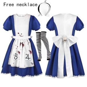 Womens Anime Alice Cosplay Costume with Necklace Alice Dress Maid Apron for Halloween Game Madness Returns Theme Girls Outfit
