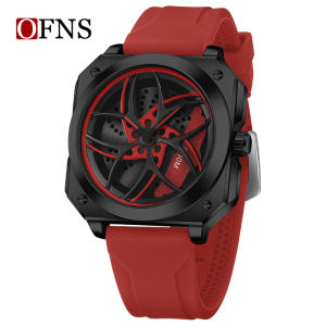 OFNS Mens Silicone Strap Square Hollow Rotating Wheel Quartz Watch Car Hub Creative Wristwatch Back To School Gift