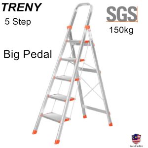 TRENY SGS Multi-Purpose Folding Portable Folding Ladder Aluminum Big Pedal Household Ladder Non-Slip Ladder Lightweight Kitchen Garage 5/6/Step