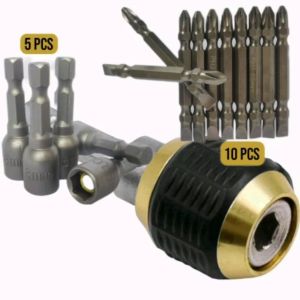 Paket set 16pcs Keyless Kepala Bor Hexagonal 10pcs Mata Obeng Magnet 5 pcs Mata Kunci Roofing 8mm
