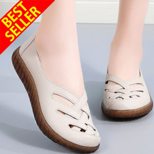 QINGSHUI Sepatu pantofel bernapas musim panas wanita.Sepatu kulit wanita ala Korea.Sepatu slip on wanita.Sepatu Flat Wanita