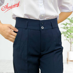 Quần nữ Amazing lưng cao 2 nút đồng phục học sinh vải tuyết mưa dày mềm không nhăn màu đen và xanh