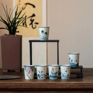 围炉冰茶手绘熊猫大茶杯家用品茗杯陶瓷功夫茶具青灰釉复古主人杯