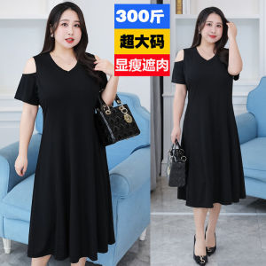 Niceaay 150kg plus Size Dress Womens Spring Summer Loose Long Dress off the Shoulder V neck Mid Length A  line Dress