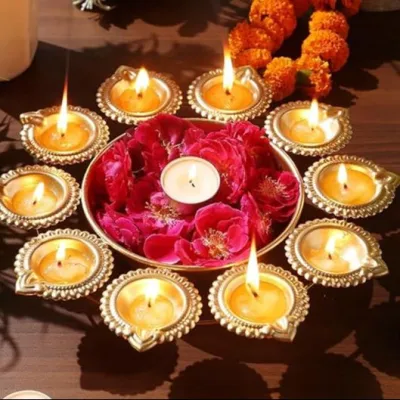 Metal Decorative Urli Bowl for Floating Flowers & Tealight Candles | Diwali & Pooja Decor (Pack of 1 Pc | Size - 10.5 & 11.5 Inches)