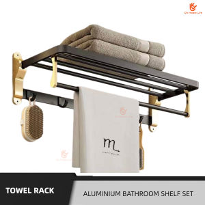 [SG Stock]Aluminum Punch/No Punch Bathroom Storage Rack Set Towel Rack Toilet Rack Black and Gold