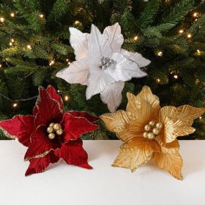 MYTHIS DIY Poinsettia Glitter Flower Large 26cm Christmas Flowers  Glitter Fake Flowers Christmas Decoration