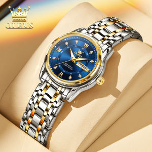 OLEVS jam tangan wanita terbaru 2024 anti air bercahaya kalender berlian dial tali jam baja tahan karat jam tangan cewek elegan mewah