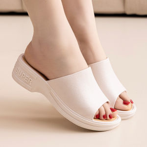Free Shipping WomenS Summer High-Heeled Thick-Soled Indoor Plastic Bathroom Slippers Featuring A Fish-Mouth Design A Platform Sole And A Fashionable Wedge Heel