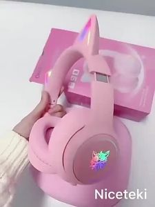 Tai Nghe Chụp Tai Mèo Không Dây Có Mic ONIKUMA B90 Màu Hồng Bluetooth Headphone Gaming Đèn RGB Cho PC Laptop điện thoại