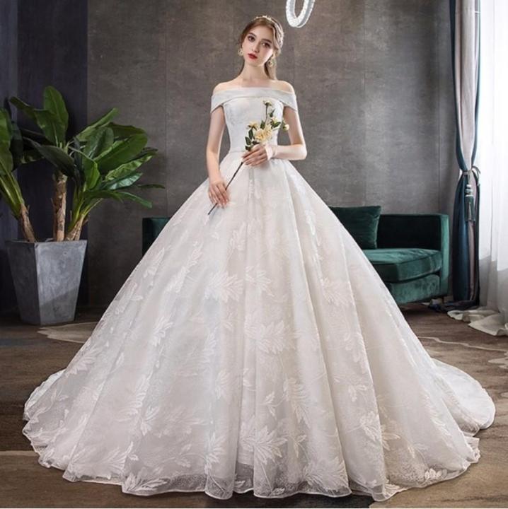 Elegant Off White Off Shoulder Organza Big Long Tail Wedding Party