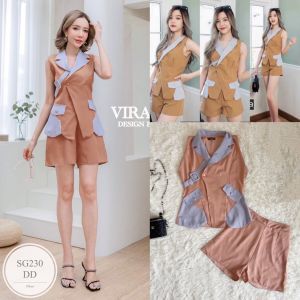 ML230  Detail : Set 2 ชิ้น เสื้อแขนกุดคอปก แต่งสายคาดอกเข็มขัดปั้ม มาพร้อมกางเกงขาสั้น แต่งแมทซ์กันลงตัวสุดๆโทนสีสดใส ทรงสุดฮิต เก๋ๆ