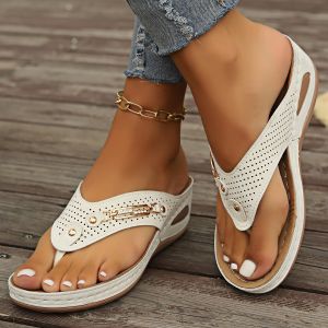 [Free Shipping] New Plus-Size Buckle-Strap Embossed Thick-Soled Flip-Flops For Women Casual Style PU Sole Lightweight Beach Sandals