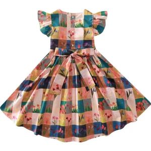 Girls Dress Childrens 2024 Summer New Fashionable Flying Sleeves Checked Tulip Princess