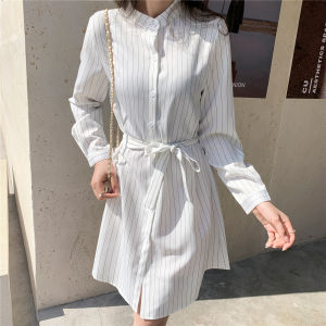 Gaun Wanita Kemeja Lengan Panjang Kaos Atasan Longgar Bergaris Vertikal Desain Di Atas Lutut