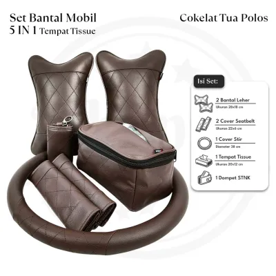 Set Bantal Mobil 5 in 1 Bozman Premium Universal | 2 Bantal Leher Headrest + Cover Stir + Cover Seatbelt + Tempat Tisu + Dompet STNK Kulit Sintetis