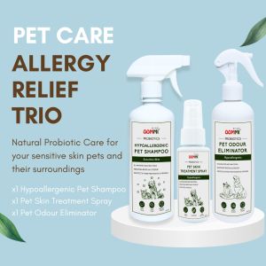 OOMMI Probiotics Pets Allergy Trio l Pet Hypoallergenic Shampoo + Treatment Spray + Pet Odour Eliminator | Sensitive Skin Pets