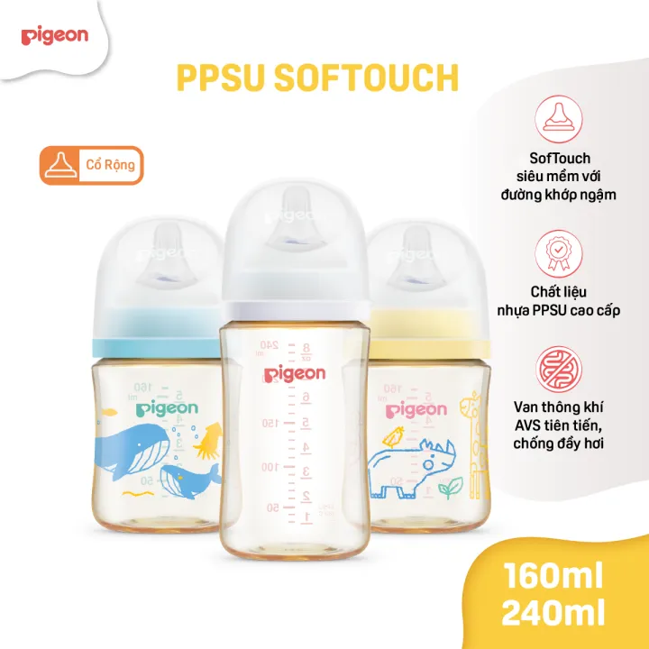 Phụ Kiện Cho Bé Pigeon - Bình PPSU chống đầy hơi Pigeon cổ rộng cho bé sơ sinh siêu mềm chống sặc cho trẻ 160ml/240ml chính hãng
