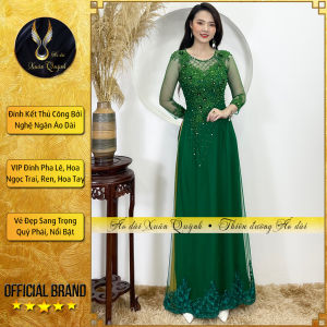 Áo Dài Đính Kết Đám Cưới Sui Gia 4 Tà Đính Kết Đá Ngọc Trai Hoa Thêu Thủ Công M03 Xanh Rêu - Áo Dài Xuân Quỳnh