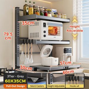 SJORAGE On Hand🔥Adjustable 3Tier Microwave Oven Rack with Hooks Heavy Duty Carbon Steel Kitchen Organizer Shelf Space Saver Storage Rack for Air Fryer Rice Cooker & Utensils
