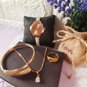Set Paket Jam Tangan Rantai Fashion Wanita & Aksesoris Emas Berkualitas Tinggi