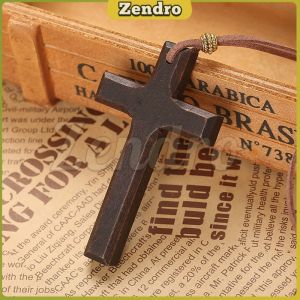 ZEO Wooden Cross Necklace On Leather Cord For Pendant In Black Brown Tone Jewelry