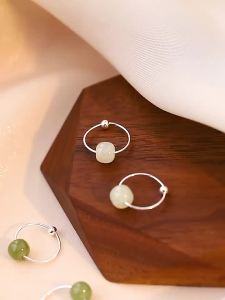 FCViviann Original Design Exquisite Silver Color Green Jade Round Earrings for Female Girl Everyday Wear Gift Jewelry Vintage Green Jade Stone Round Bead Piercing Hoop Earring for Women Girls Gift