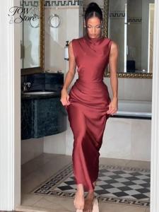 Rắn sa tanh cổ bò Váy của phụ nữ Thanh lịch Không tay Ruched Eo Đuôi cá Bodycon Quý bà Vestido 2026 Váy dự tiệc mùa hè2026