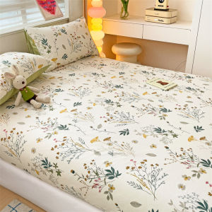 Cotton Fitted Bed Sheet Set Super Single Spring Floral Plant Bedsheet Beige Green Queen King Size