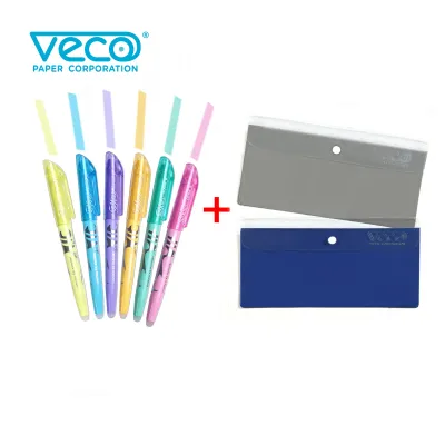 Pilot Frixion Light Highlighters Erasable (assorted color) 6pcs & 2 free Veco plastic envelope w/colored partition 9.5x4.75in