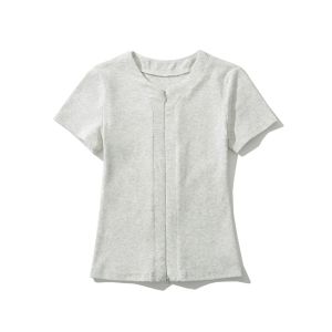 Womens Round Neck Short Sleeved T-Shirt Korean Solid Color Double Zipper