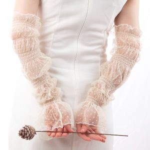 Women Thin Lace Breathable Arm Sleeves Cover Lolita Style Mesh Fingerless Gloves Long Arm Sleeves Beige Driving Accessories