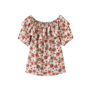 เสื้อเบลาส์ผู้หญิง แขนบอลลูน  เปิดไหล่ คอยางยืดแต่งระบายรอบ ลายดอกไม้ สีสันสดใส ทรงปล่อย ผ้าไหมอิตาลี่ พรางหุ่น เสื้อยืดผู้หญิง #109