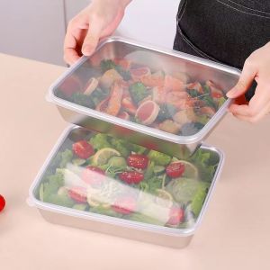 Hộp Đựng Thực Phẩm Inox 304 Lớn Có Nắp Đậy Kín Khay Inox Chống Gỉ 25x20x5Cm Hình Chữ Nhật Chịu Được Nhiệt Độ Chống Mòn