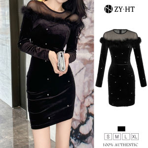 ZY.HT EraVogue เดรสผู้หญิง เดรสสีดำ เดรสผ้ากำมะหยี่ เดรสแขนยาว เดรสไฮโซ เดรสออกงาน เดรสไปงานแต่ง เดรสเซ็กซี่ เดรสฝรั่งเศส 40006