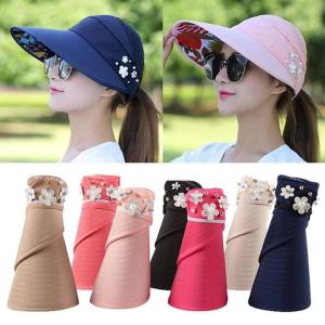 PRETTY ME.Shop Women Summer Hats Anti-UV Wide Brim Caps Floppy Fold Summer Sun Hat Lady Foldable Beach Hats Sunscreen Visor Windproof Fashion Korean Style Flower Bead Outdoor Travel Cap